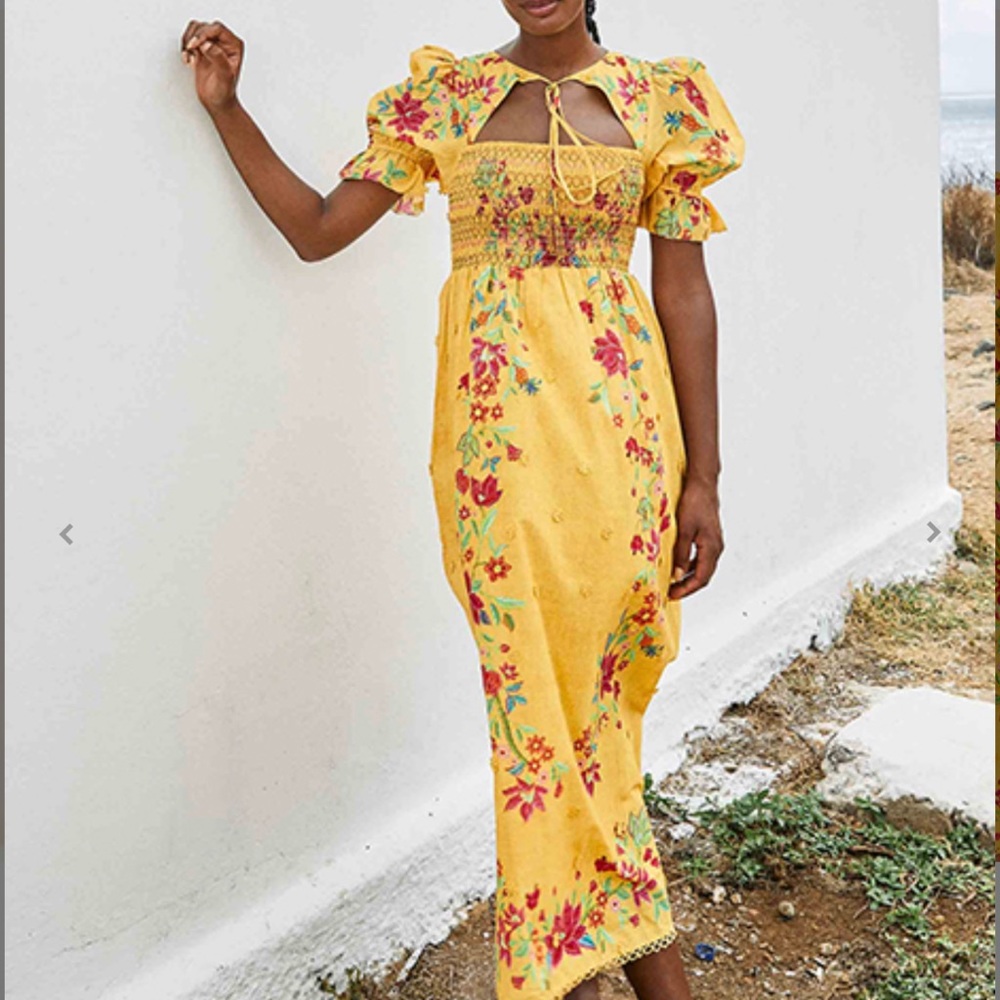 FARM Rio Yellow Floral Midi Dress with Pink & Green Embroidery - Picture 5 of 8